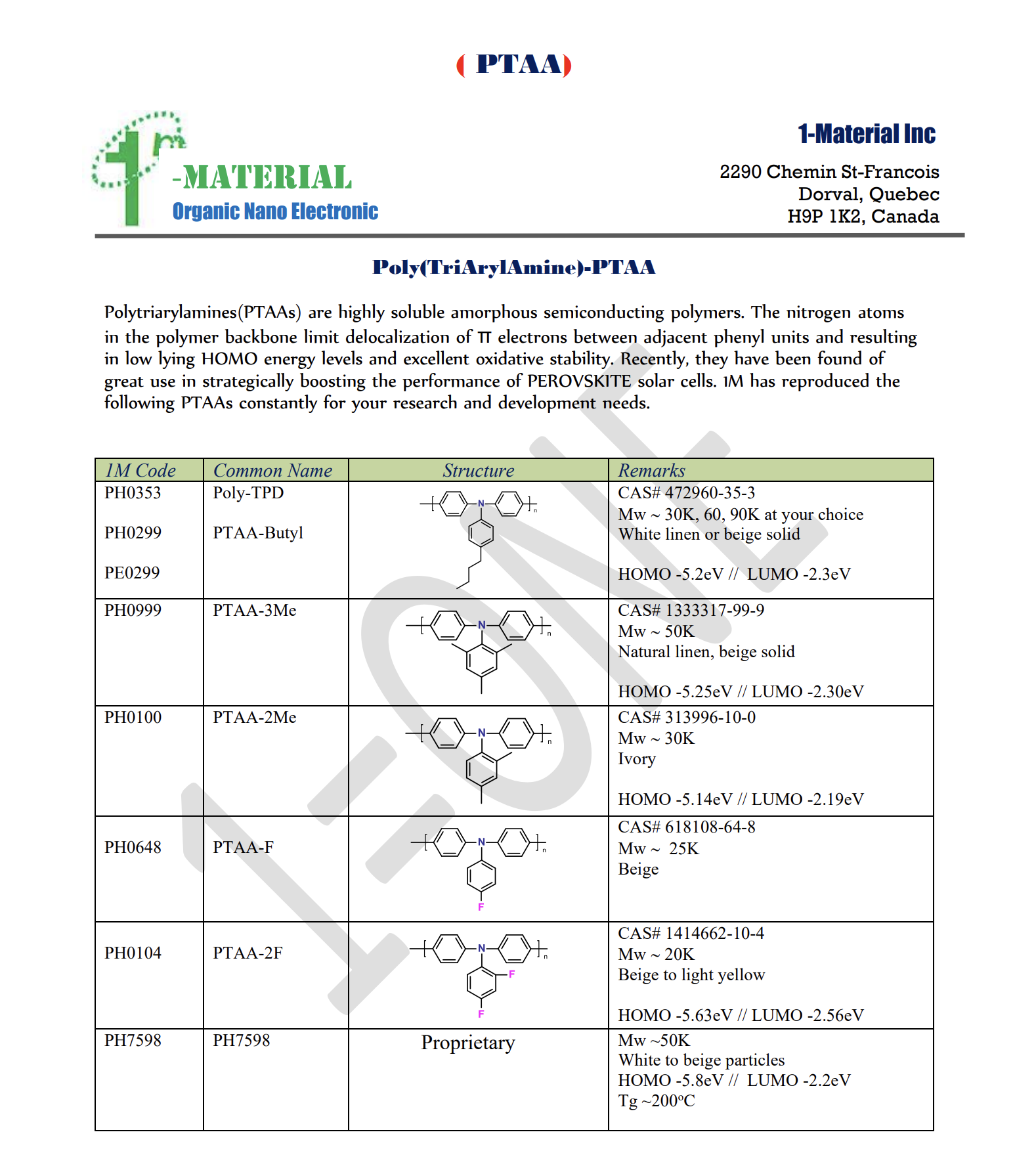 Poly(TriArylAmine)-PTAA